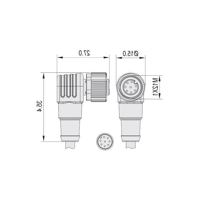 M12 8Pin、母头90°、单端预铸PUR柔性电缆、黑色护套、64S341-XXX